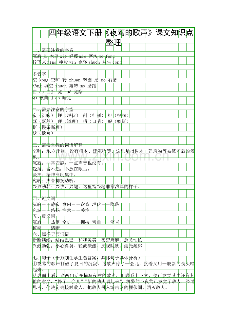 四年级语文下册夜莺的歌声课文知识点整理.docx_第1页