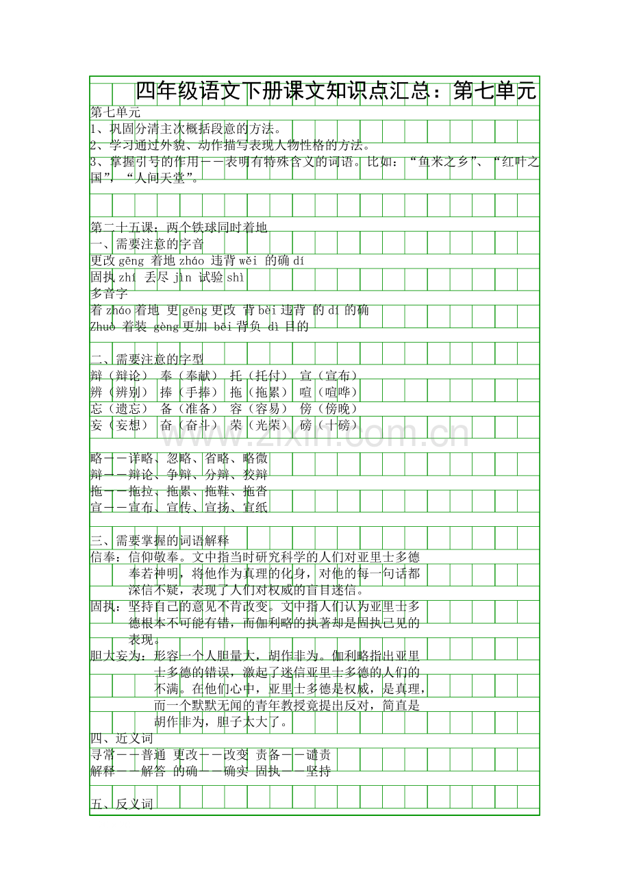 四年级语文下册课文知识点汇总：第七单元.docx_第1页