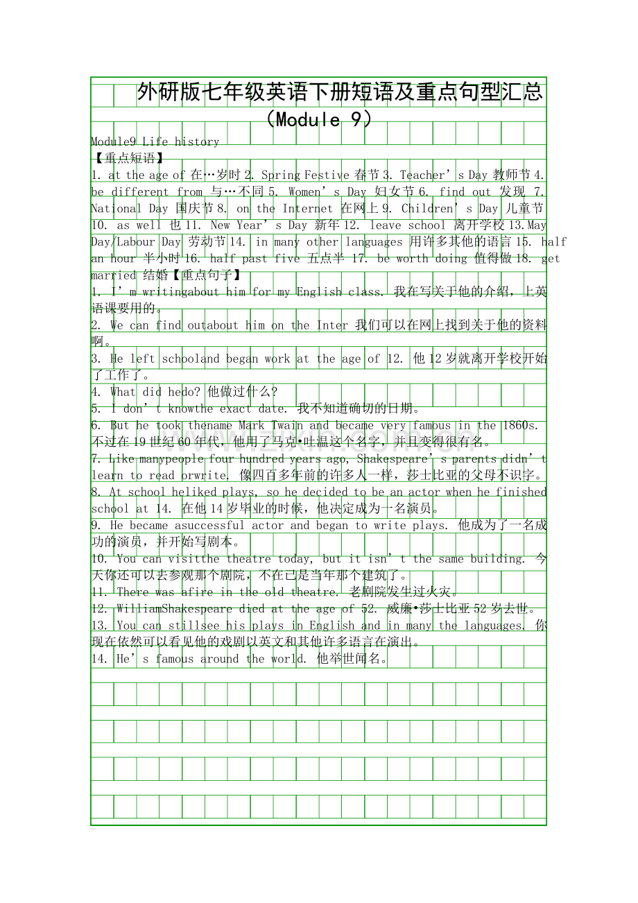 外研版七年级英语下册短语及重点句型汇总Module-9.docx_第1页