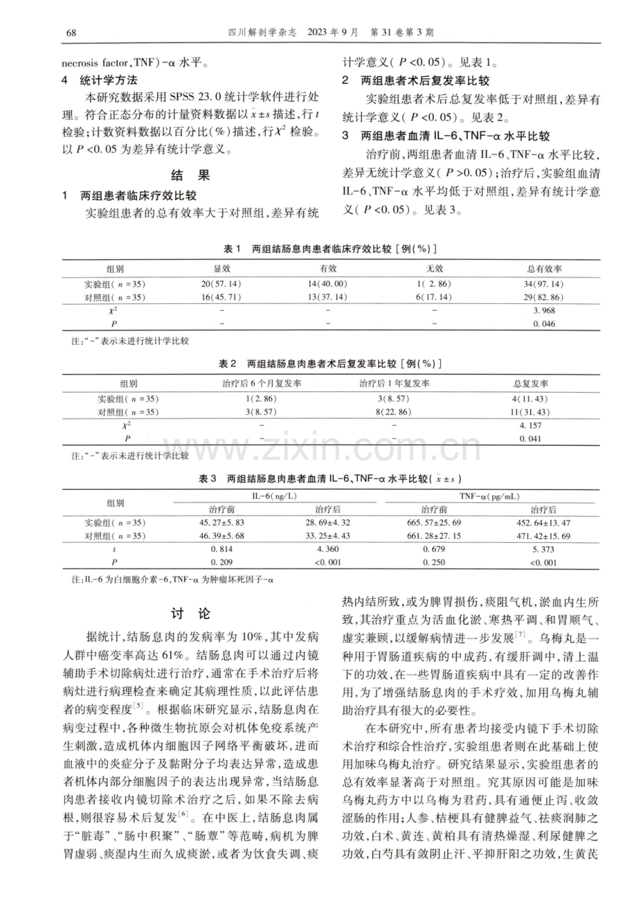 加味乌梅丸辅助治疗对结肠息肉术后复发率及血清炎性因子的影响.pdf_第3页