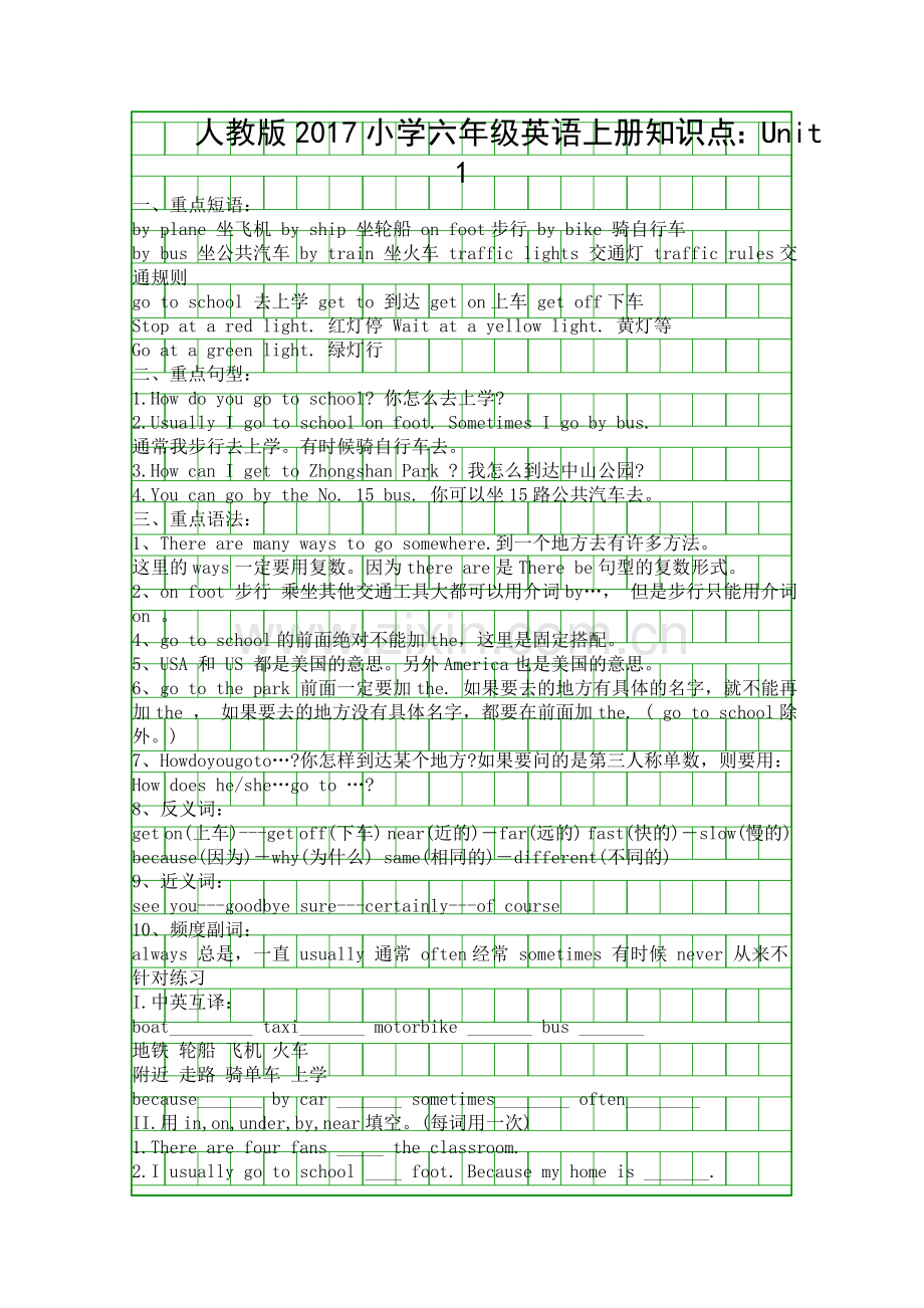 人教版2017小学六年级英语上册知识点Unit-1.docx_第1页