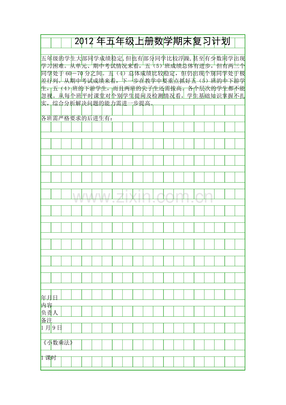 五年级上册数学期末复习计划.docx_第1页