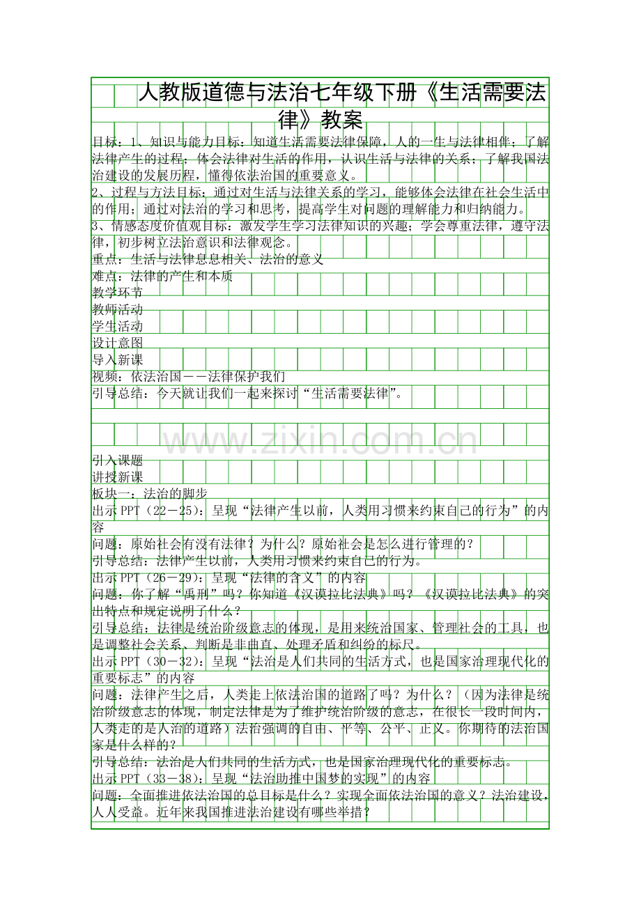 人教版道德与法治七年级下册生活需要法律教案.docx_第1页