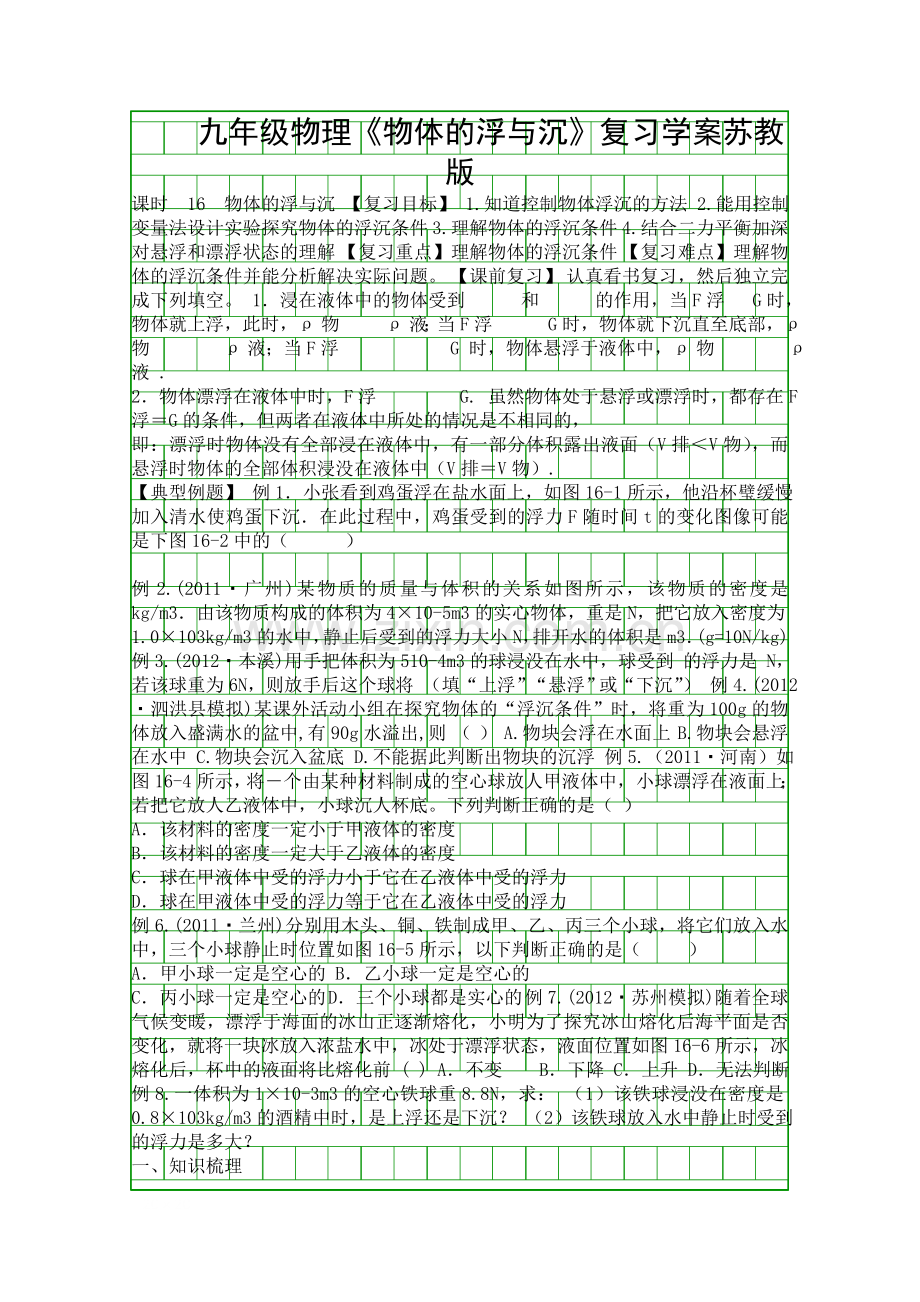 九年级物理物体的浮与沉复习学案苏教版.docx_第1页