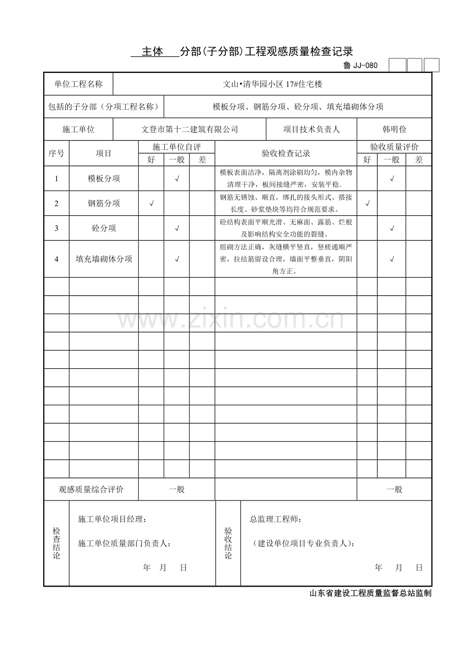 主体分部子分部工程观感质量检查记录.doc_第1页