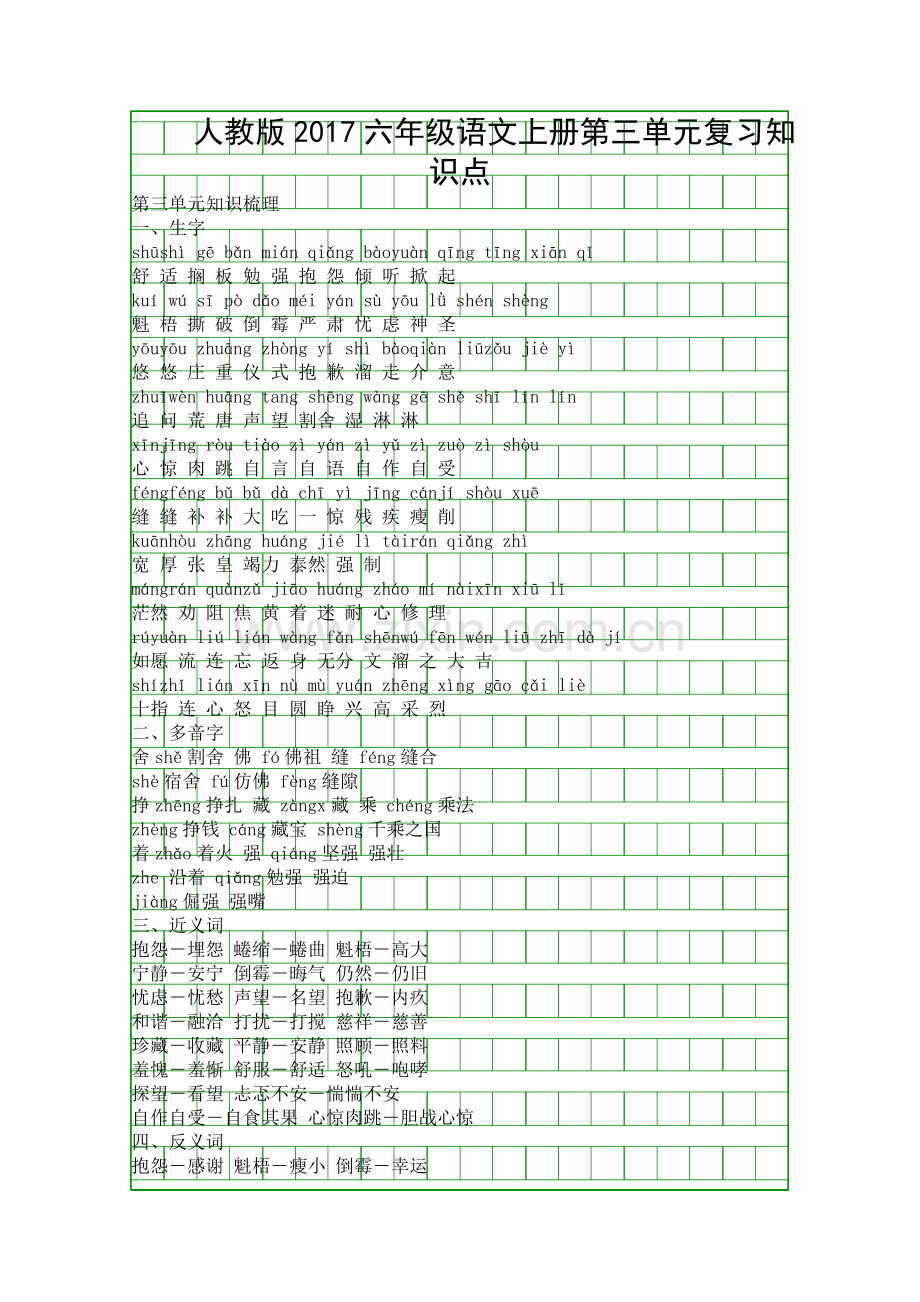 人教版2017六年级语文上册第三单元复习知识点.docx_第1页