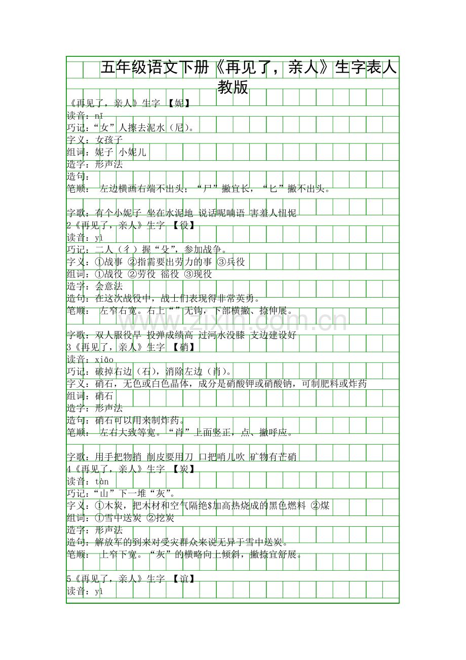 五年级语文下册再见了亲人生字表人教版.docx_第1页