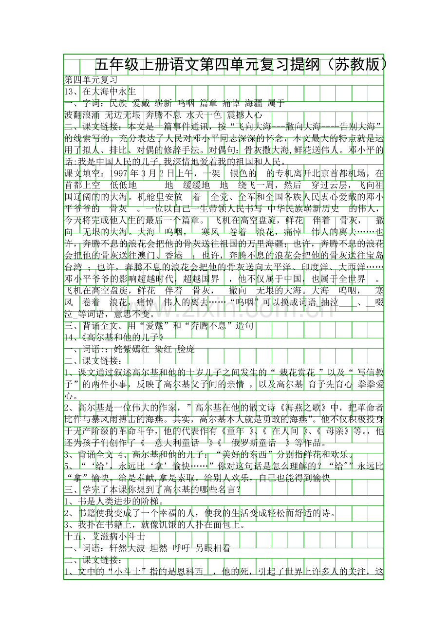 五年级上册语文第四单元复习提纲(苏教版).docx_第1页