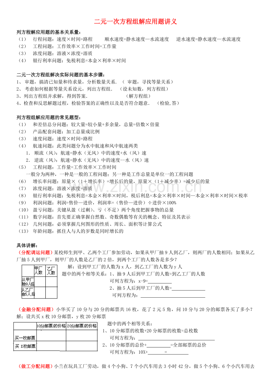 七年级数学下册二元一次方程组应用题讲义和百题人教新课标版.doc_第1页