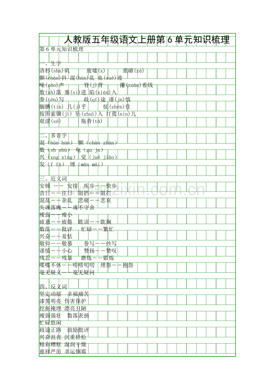 人教版五年级语文上册第6单元知识梳理.docx_第1页