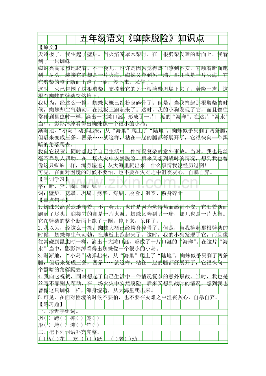 五年级语文蜘蛛脱险知识点.docx_第1页