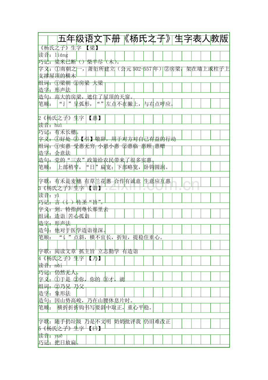 五年级语文下册杨氏之子生字表人教版.docx_第1页