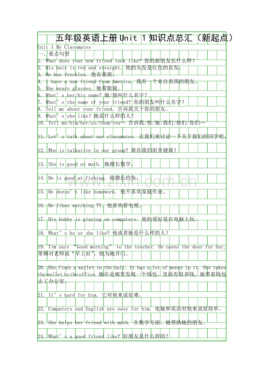 五年级英语上册Unit-1知识点总汇新起点.docx_第1页