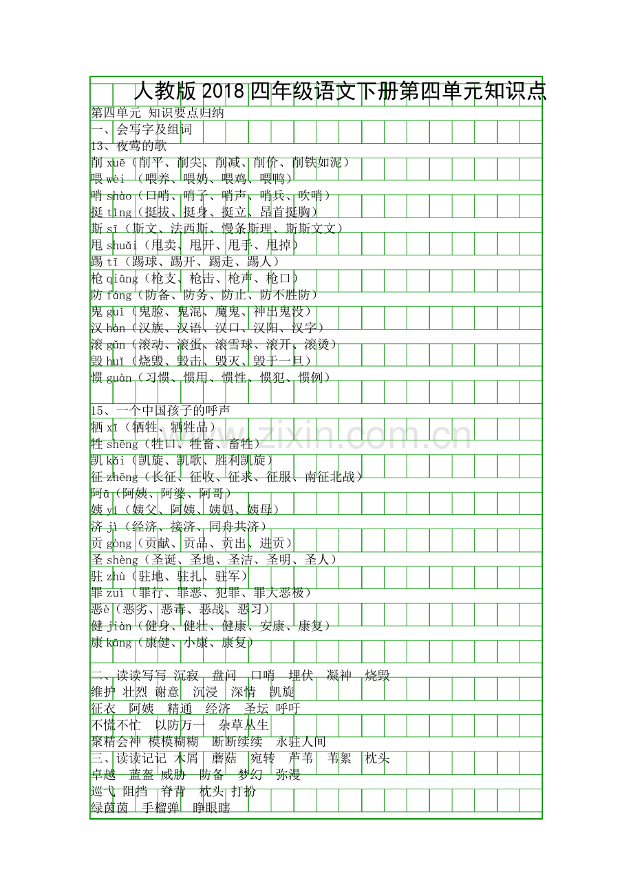 人教版2018四年级语文下册第四单元知识点.docx_第1页