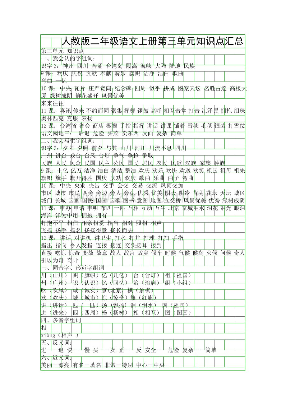 人教版二年级语文上册第三单元知识点汇总.docx_第1页