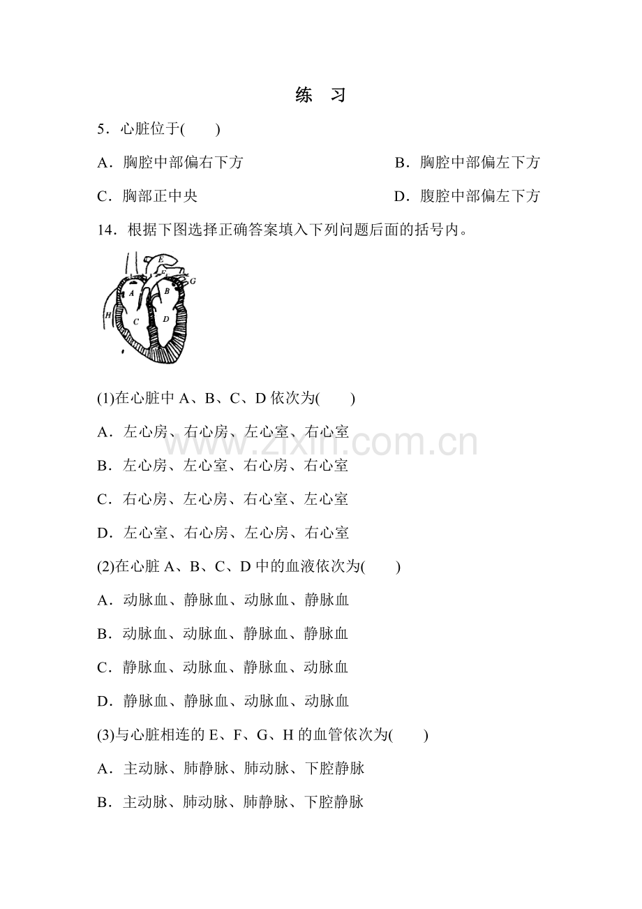 七年级生物心脏练习题.doc_第1页