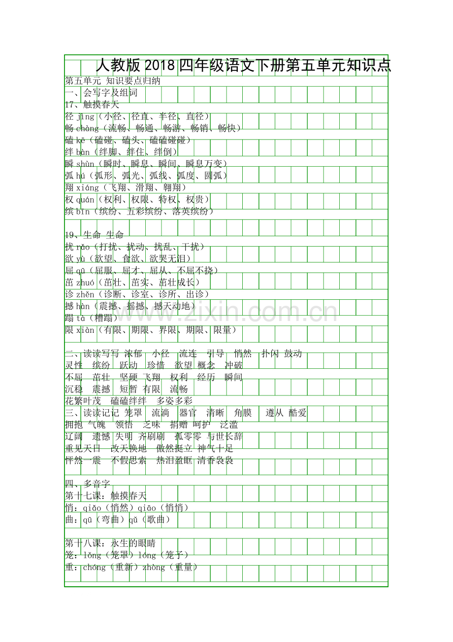 人教版2018四年级语文下册第五单元知识点.docx_第1页