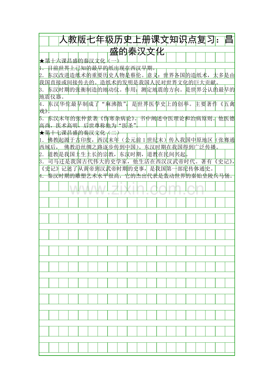 人教版七年级历史上册课文知识点复习昌盛的秦汉文化.docx_第1页