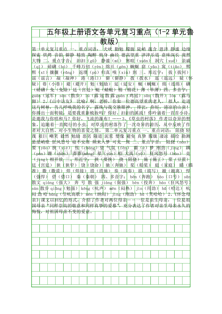 五年级上册语文各单元复习重点12单元鲁教版.docx_第1页