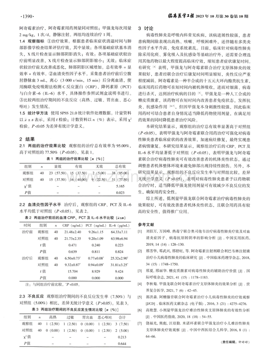 甲强龙联合阿奇霉素治疗病毒性肺炎的临床效果及安全性分析.pdf_第2页