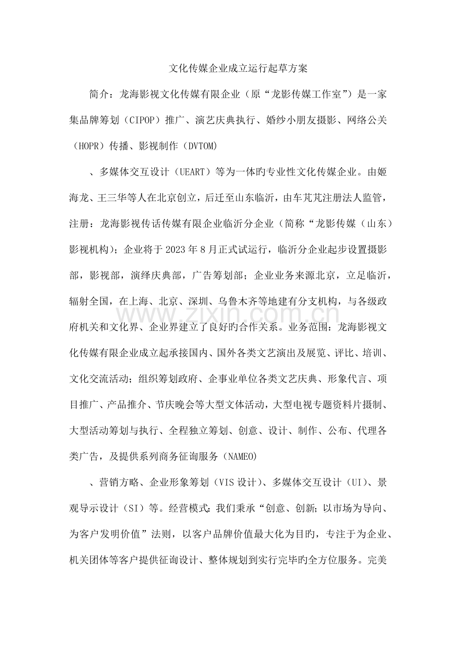 精选文化传媒公司成立运营起草方案.docx_第1页