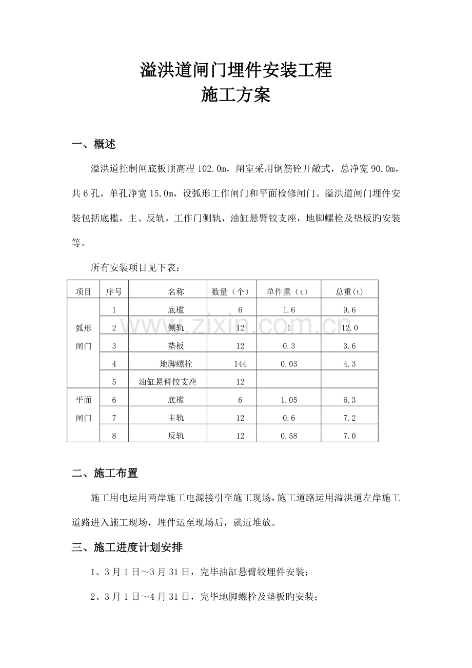 溢洪道闸门预埋件安装工程施工方案.doc_第1页