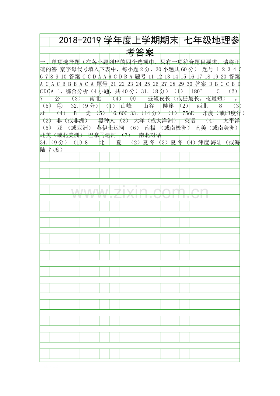 2018度第一学期七年级地理期末试卷鞍山市附答案.docx_第1页