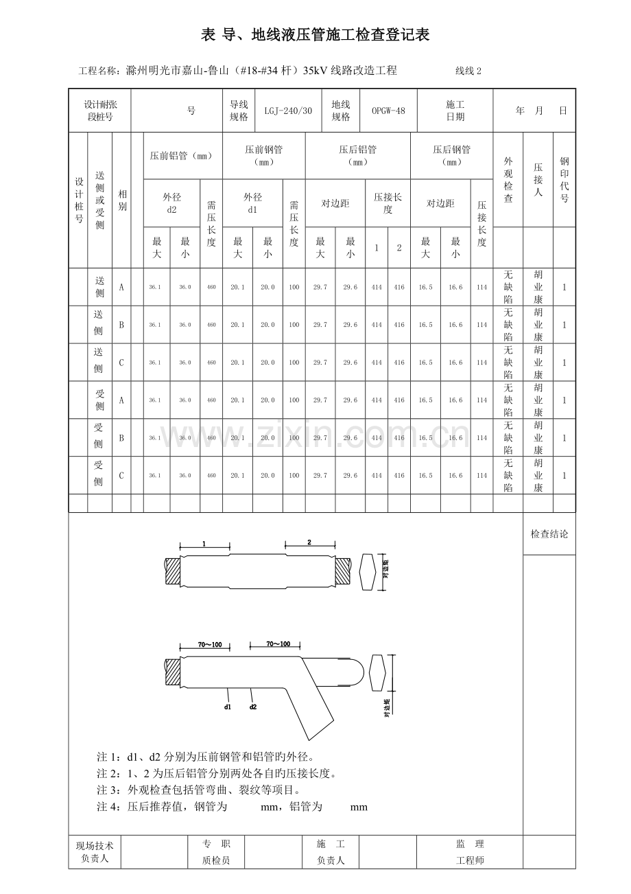 表导地线液压管施工检查记录表.doc_第1页