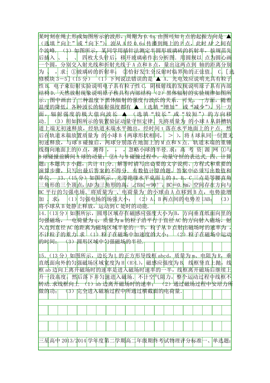 2014盐城市高二物理下学期期末试卷含答案人教版.docx_第3页