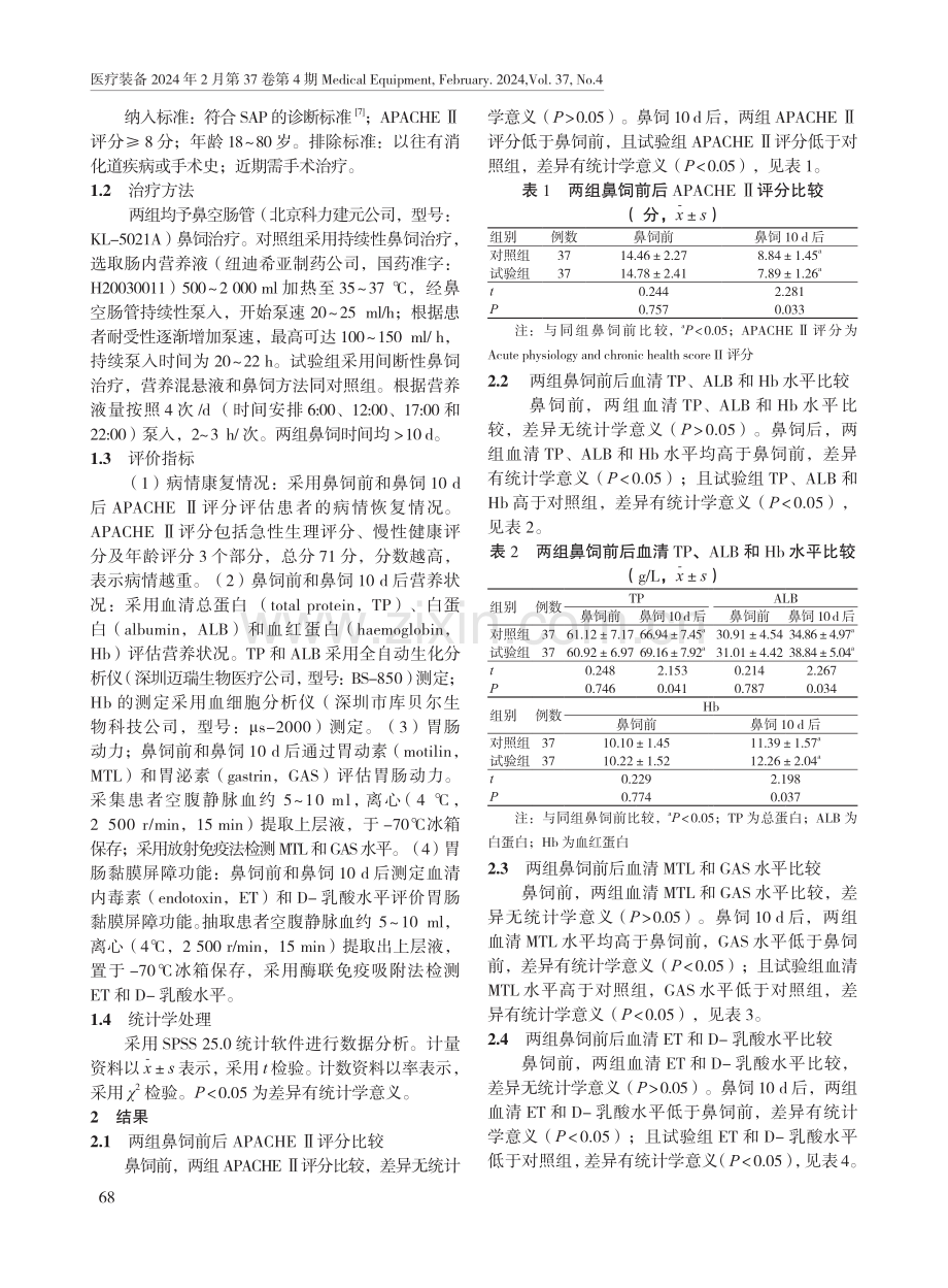 鼻空肠管间断性鼻饲对重症急性胰腺炎患者营养状况、胃肠动力及胃肠黏膜屏障的影响.pdf_第2页