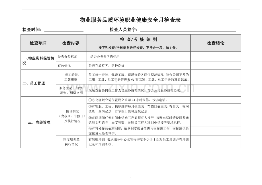 物业服务环境职业健康安全月工作检查表.doc_第1页