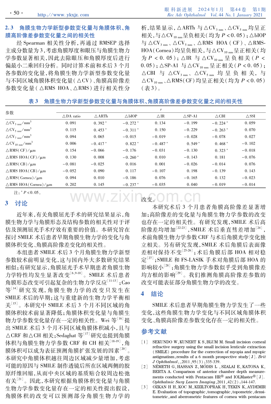 SMILE术后患者早期角膜生物力学变化与角膜体积变化、角膜高阶像差变化之间的关系.pdf_第3页