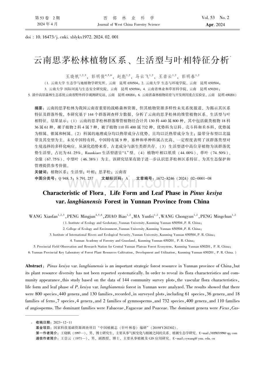 云南思茅松林植物区系、生活型与叶相特征分析.pdf_第1页