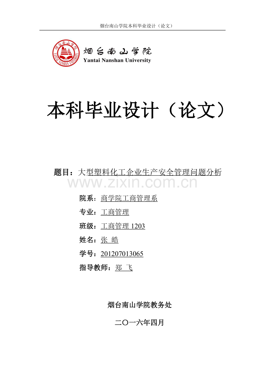 大型塑料化工企业生产安全管理问题分析-工商管理本科毕业设计.docx_第1页