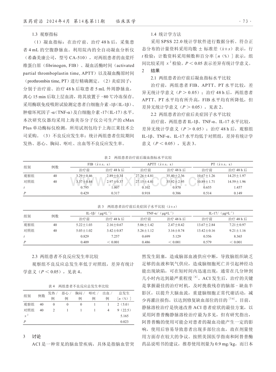 不同剂量阿替普酶静脉溶栓对急性脑梗死患者凝血功能及炎症因子的影响.pdf_第2页