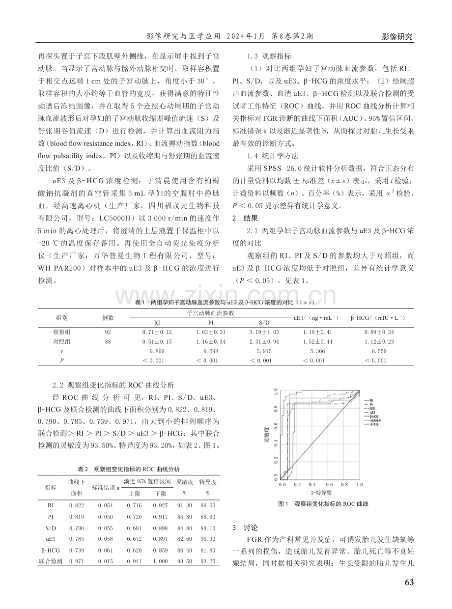 超声检测子宫动脉血流参数联合uE3、β-HCG对胎儿生长受限的临床预测价值.pdf_第2页