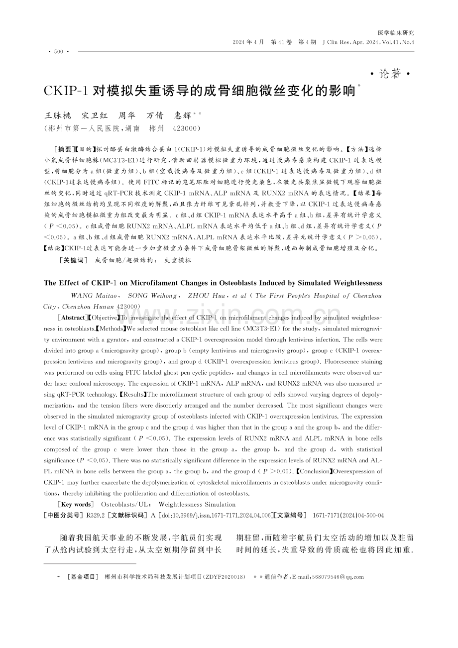 CKIP-1对模拟失重诱导的成骨细胞微丝变化的影响.pdf_第1页