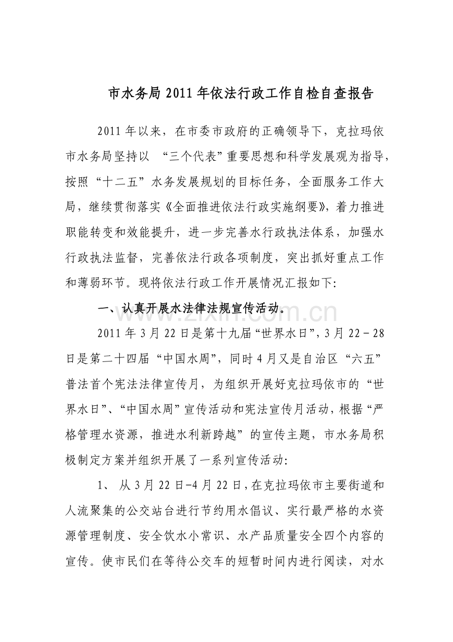 市水务局依法行政工作自检自查报告.doc_第1页