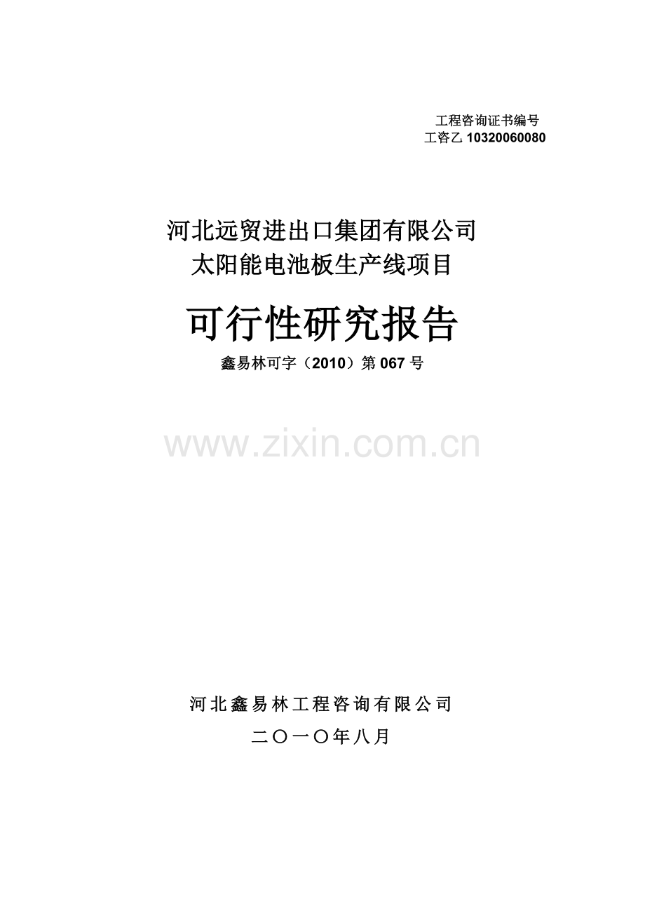 河北远贸进出口集团有限公司太阳能电池板生产线项目投资可行性研究报告.doc_第1页