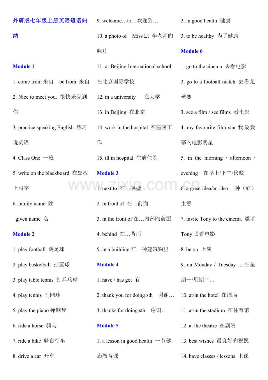 2023年外研版初中七年级到九年级英语重点短语归纳.doc_第1页