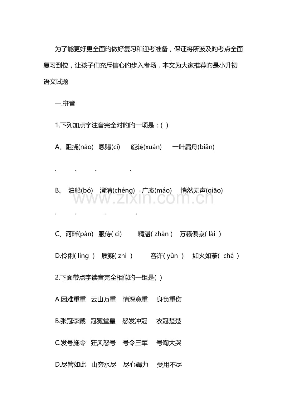 2023年小升初语文试题.docx_第1页