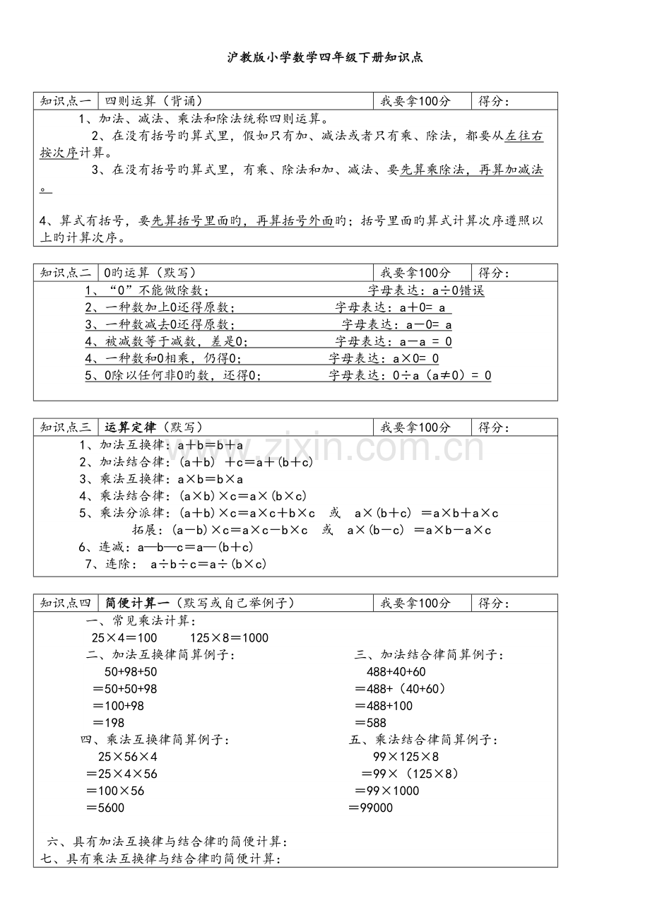 2023年沪教版小学数学四年级下册期末复习知识点.doc_第1页