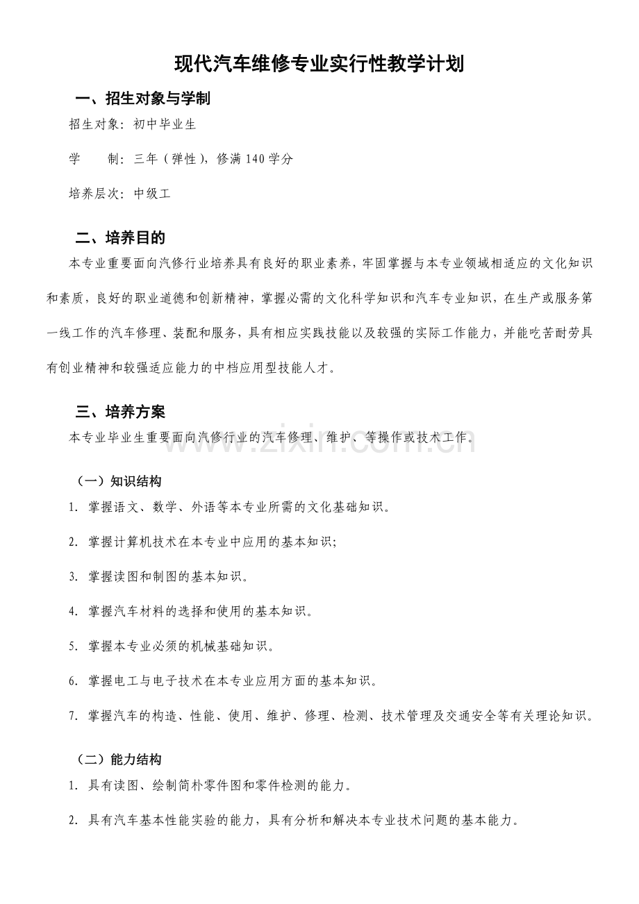 现代汽车维修专业实施性教学计划.doc_第1页