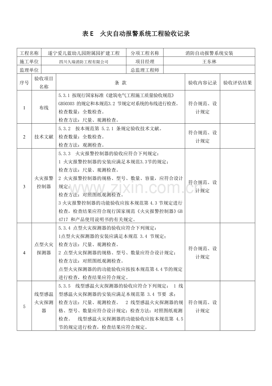 火灾自动报警系统工程验收记录样本.doc_第1页