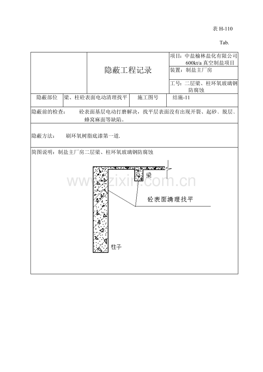 制盐主厂房二层玻璃钢防腐蚀报验资料H隐蔽工程记录及质量控制表.doc_第1页