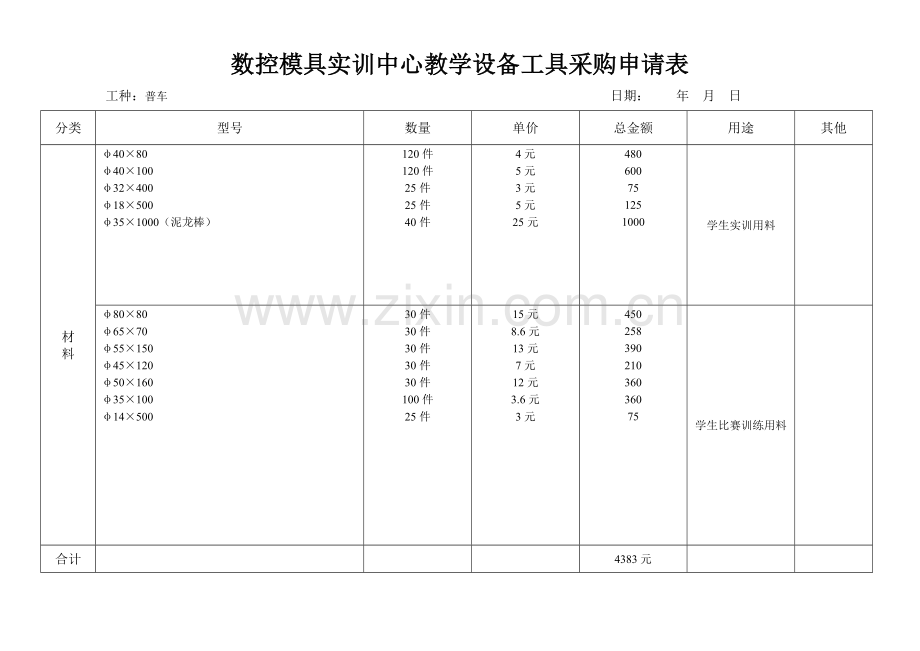 数控模具实训中心教学设备工具采购申请表.doc_第1页