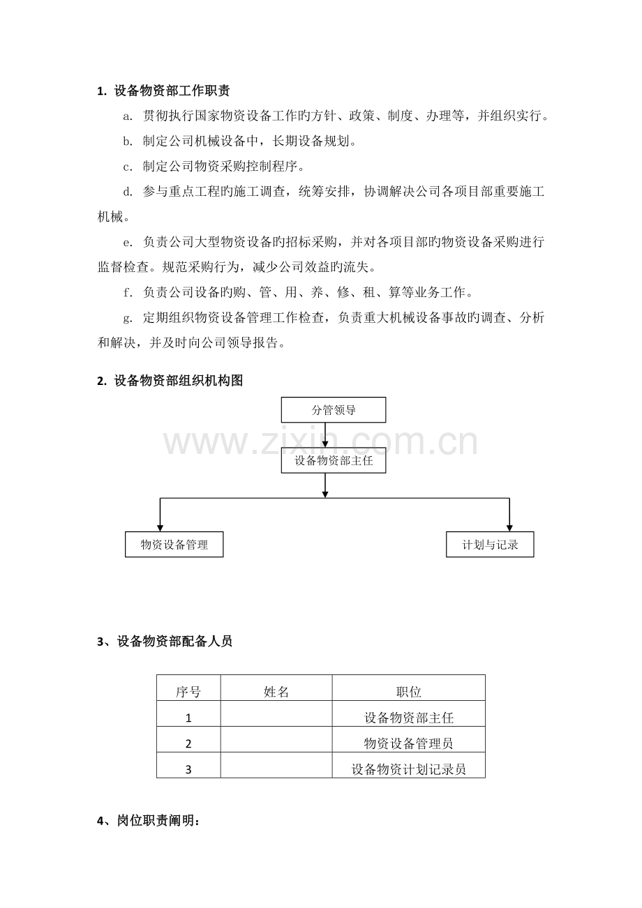 物资设备部门职责及岗位职责.docx_第1页