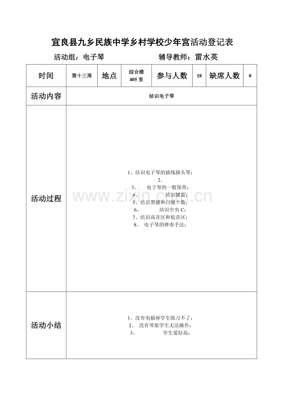 少年宫活动记录表格电子琴组.doc_第1页