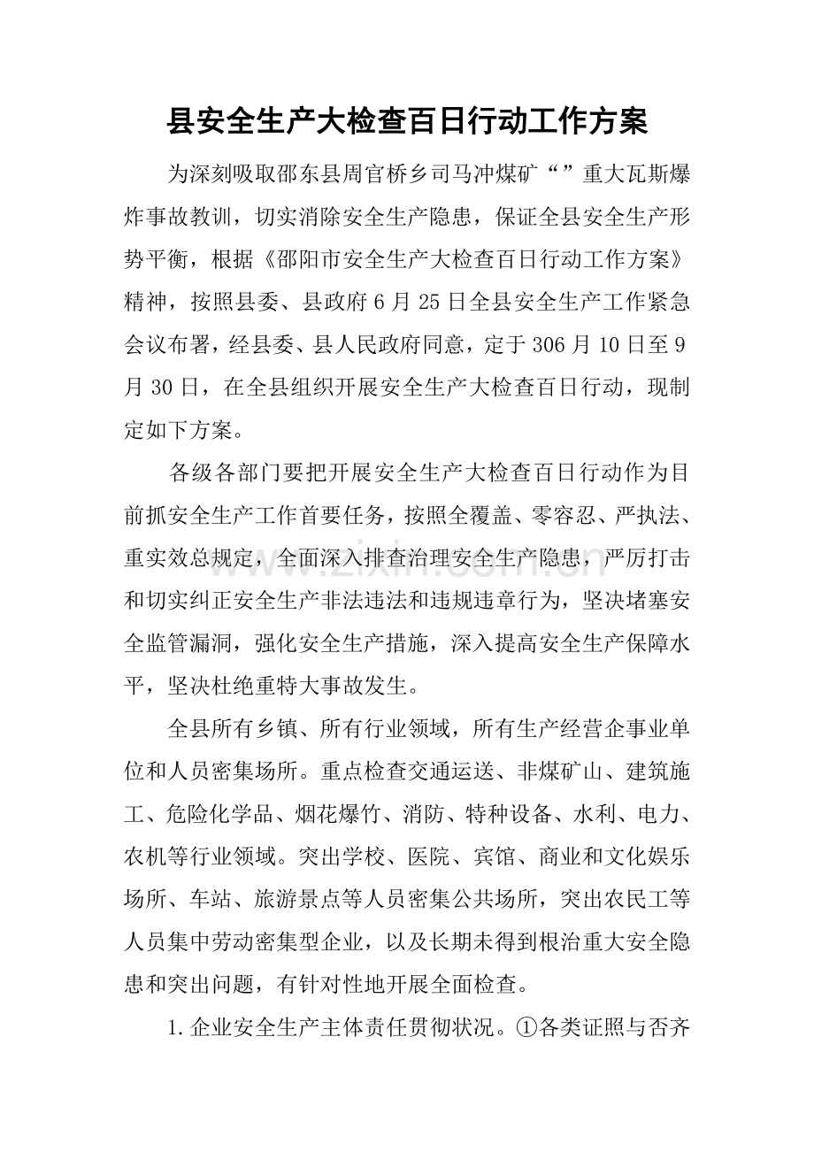 县安全生产大检查百日行动的工作方案.docx_第1页