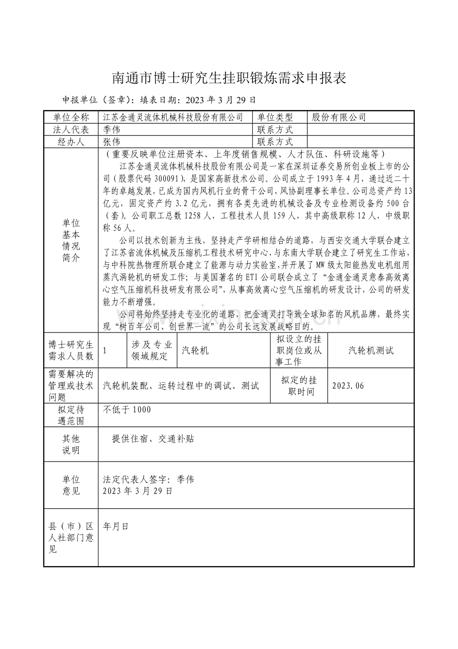 南通市博士研究生挂职锻炼需求申报表.doc_第1页